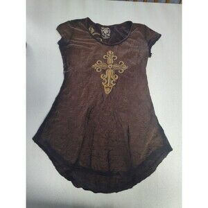 Velvet Stone Women’s Tshirt Size Medium Embroidered Rhinestone Cross Brown Y2k